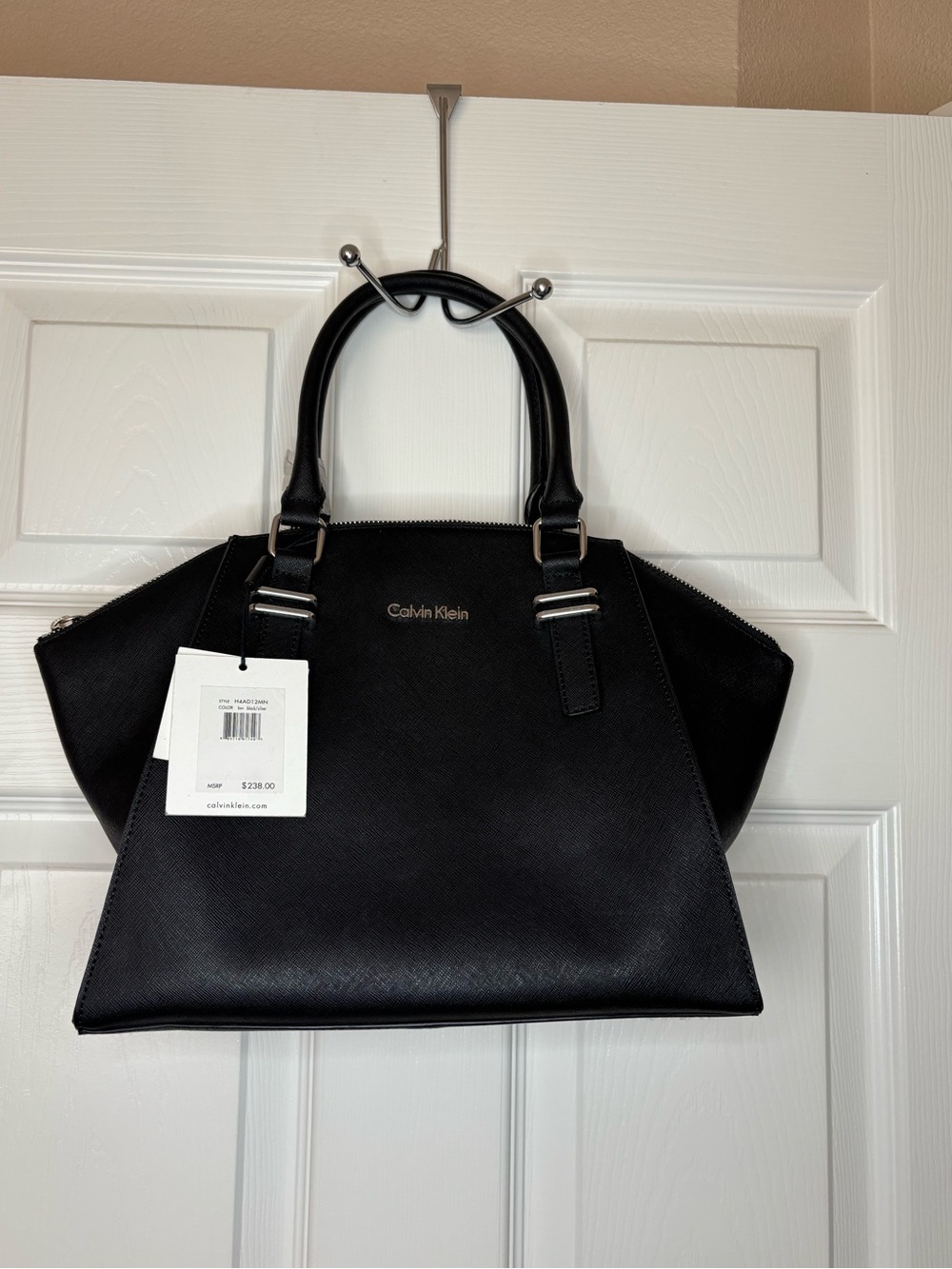 Calvin Klein Black Textured Satchel with Top Handles